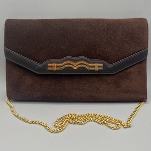 Vintage Susan Gail Brown Suede Leather Convertible Chain Strap Clutch Purse